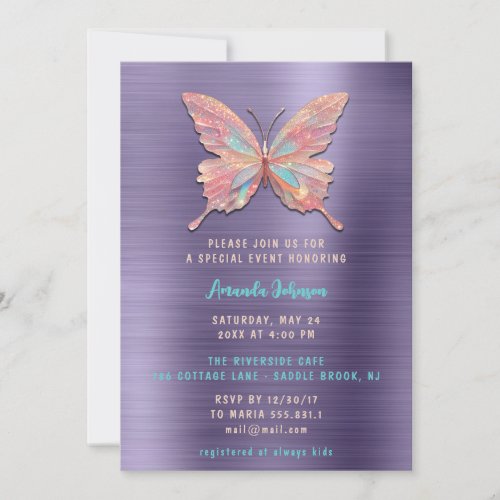 Butterfly Girl Sweet 16th Rose Royal Purple Violet Invitation