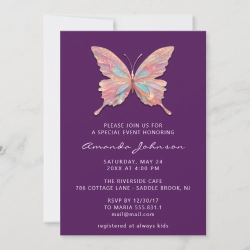 Butterfly Girl Sweet 16th Rose Royal Purple Violet Invitation
