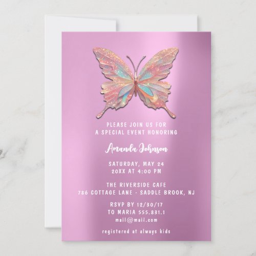 Butterfly Girl Sweet 16th Rose RoyalHolograph Pink Invitation