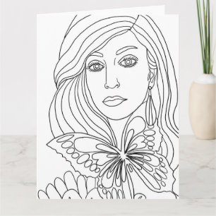 Butterfly Girl Womans face Coloring page Card