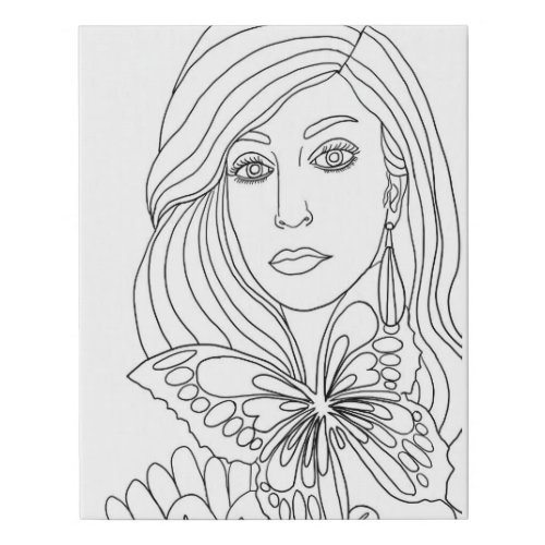 Butterfly Girl Womans face Coloring page Faux Canvas Print