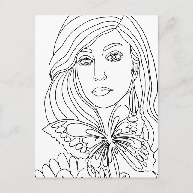 Butterfly Girl Womans face Coloring page Postcard (Front)