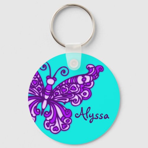 Butterfly girls aqua purple name keychain