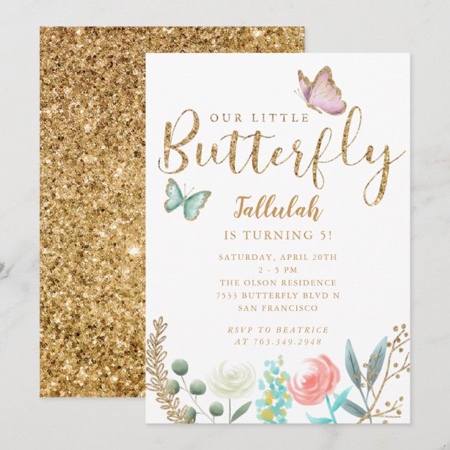 Butterfly Girls Birthday Party Invitation (Front/Back)