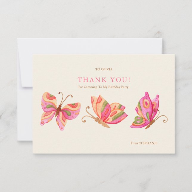 Butterfly Girls Birthday Party Thank You Card (Front)