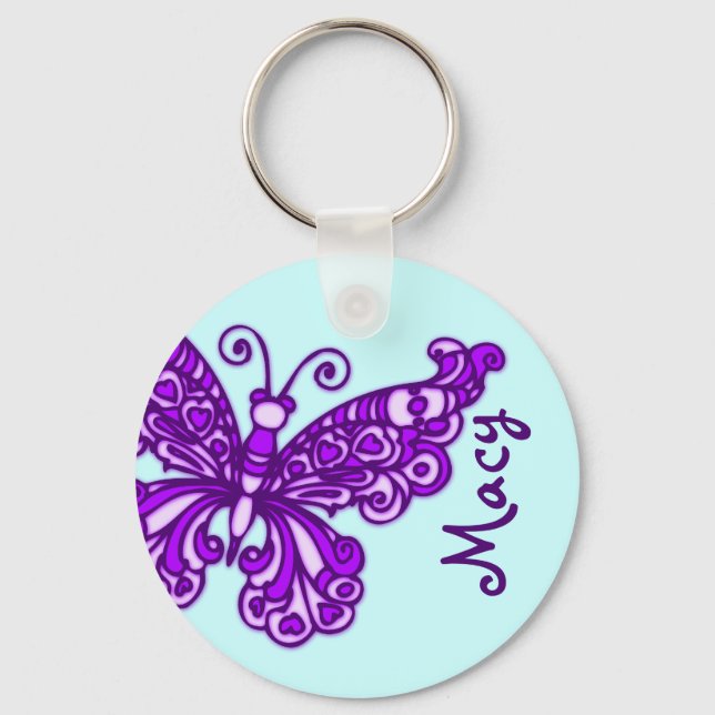 Butterfly girls purple blue sky name keychain (Front)