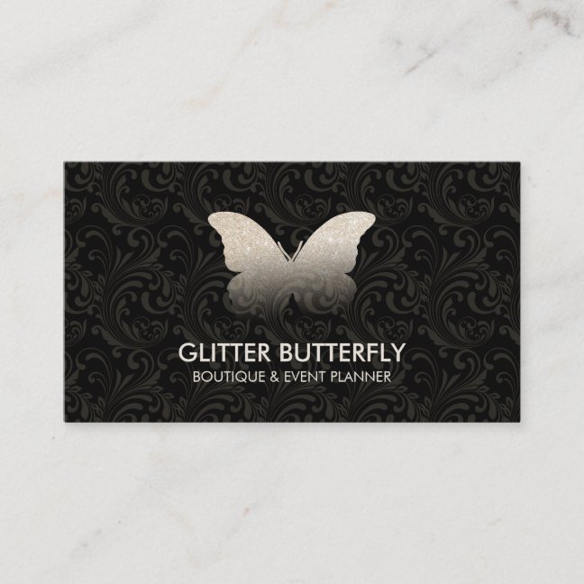 Butterfly Glittter Gold Damask Business Card