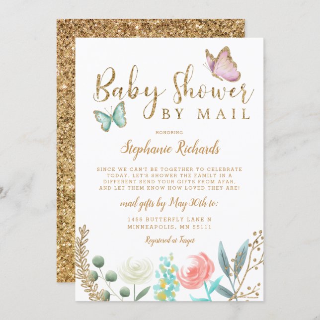 Butterfly Gold Baby Shower BY MAIL Invitation (Front/Back)