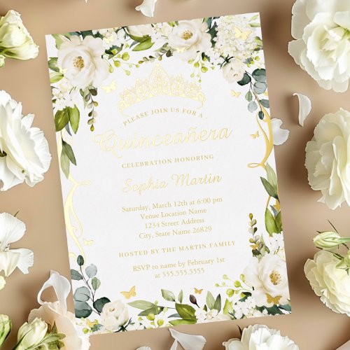 Butterfly Gold Champagne Floral Quinceanera   Foil Invitation