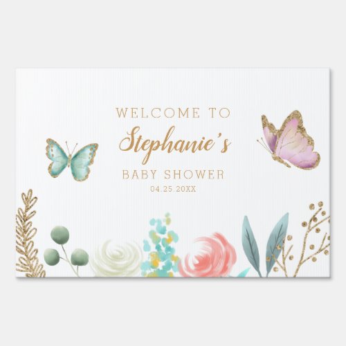 Butterfly Gold Floral Garden Baby Shower Welcome Sign