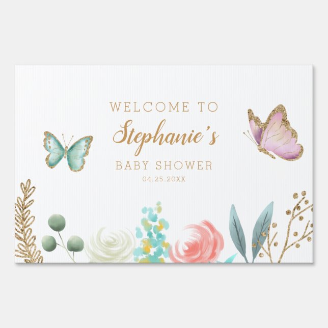 Butterfly Gold Floral Garden Baby Shower Welcome Sign (Front)