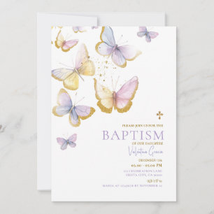 Butterfly Gold Girl Baptism Gold Cross Flowers Invitation