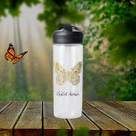 Butterfly gold name script water bottle<br><div class="desc">A faux gold butterfly on a transparent background.  Personalize and add your name. Black text.</div>
