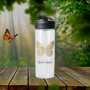 Butterfly gold name script water bottle
