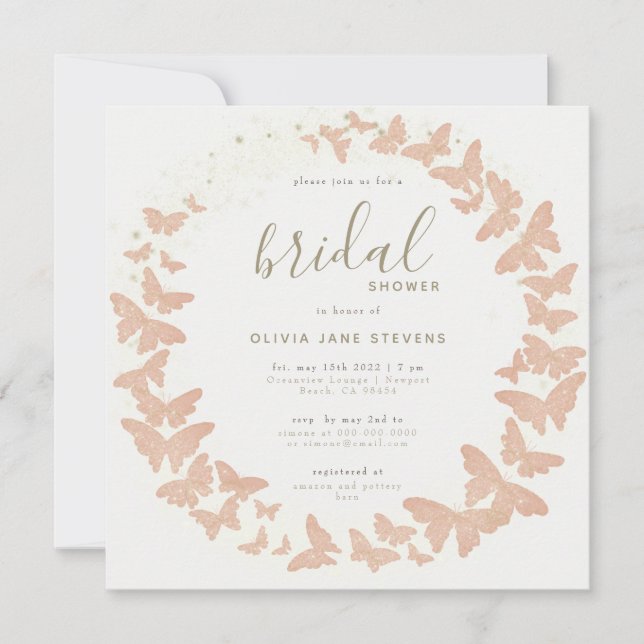 Butterfly Gold Peach Elegant Formal Bridal Shower Invitation (Front)