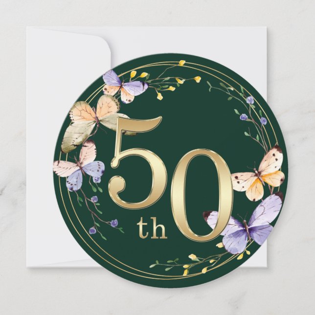 Butterfly Gold Ring Wreath 50th Anniversary Invitation (Front)