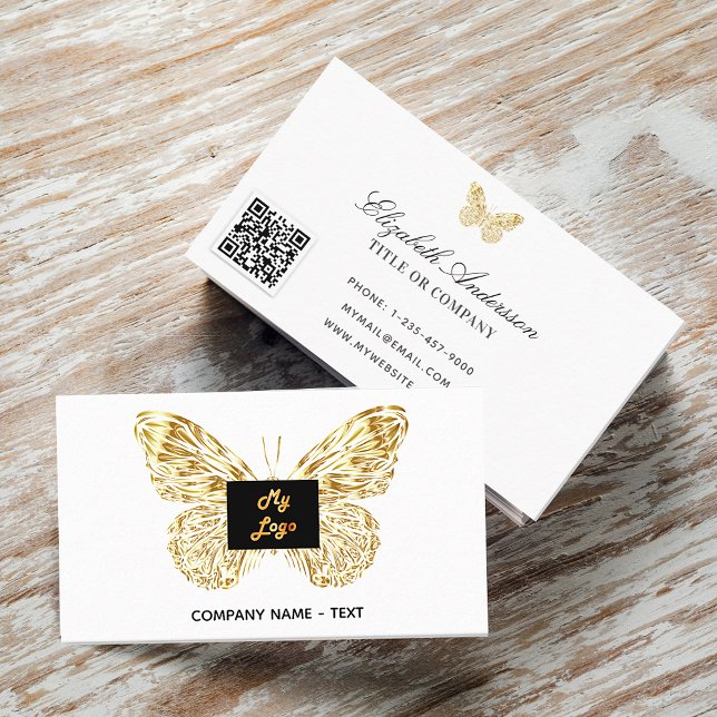 Butterfly gold white logo elegant QR code Business Card (Creator Uploaded)