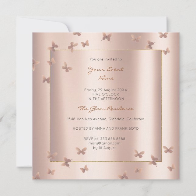 Butterfly Gray Oriental Blush Pearly Pink Rose Invitation (Front)