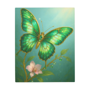 Butterfly Green Gold Botanical Nature Luxury Metal Print