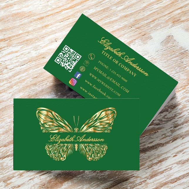 Butterfly green gold QR code script Business Card (Creator Uploaded)