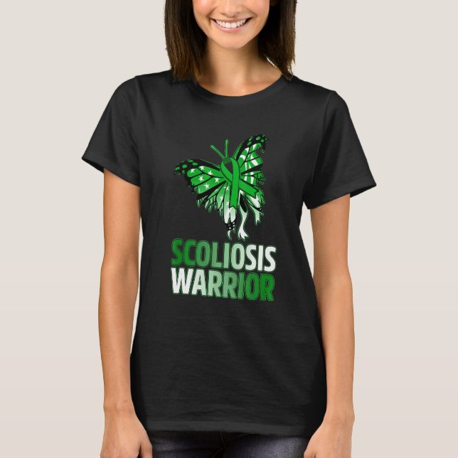Butterfly Green Ribbon American Flag For Scoliosis T-Shirt (Front)