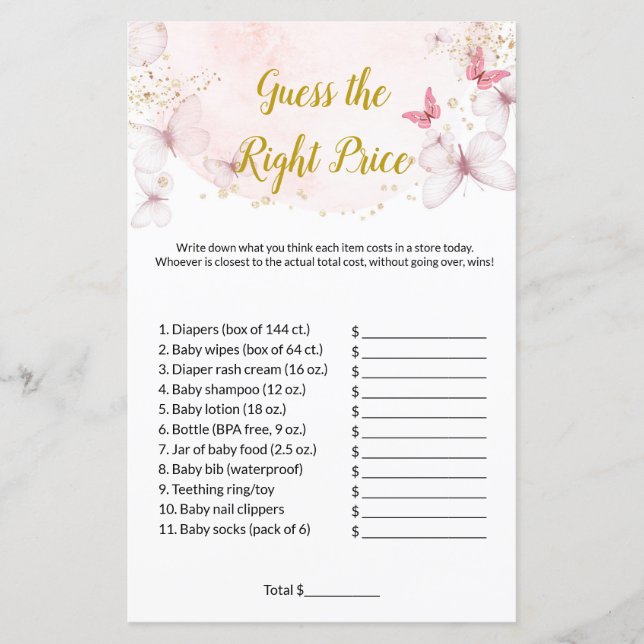 Butterfly Guess the right price baby shower Games (Front)