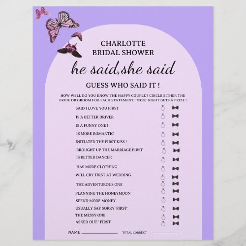  Butterfly He said She said Bridal Shower Game  Flyer