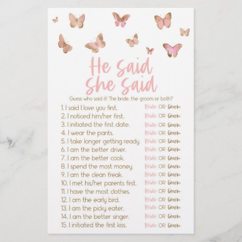 Butterfly He Said She Said Bridal Shower Game Stationery