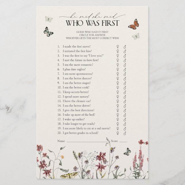 Butterfly He Said She Said Wildflower Shower Game (Front)