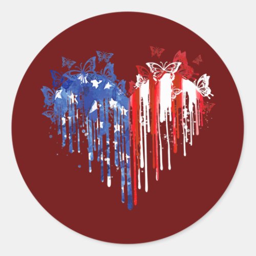 Butterfly Heart American Flag 4th Of July Classic Round Sticker