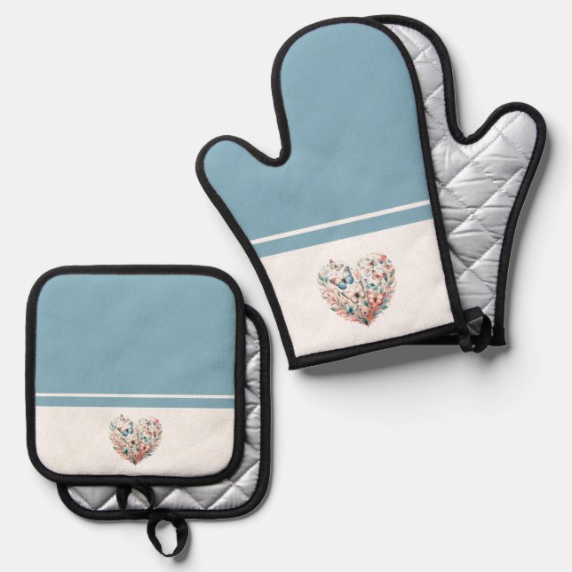 Butterfly Heart Blue White Oven Mitt & Pot Holder Set (Front/Back)