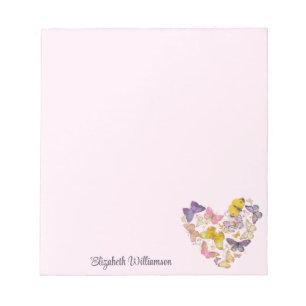Butterfly Heart Feminine Pastel Pink Script Name Notepad