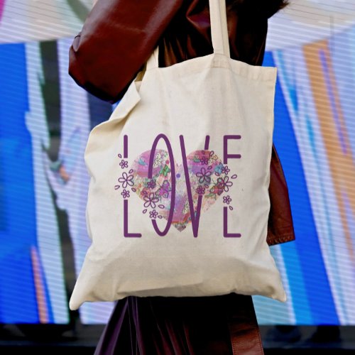 Butterfly Heart Floral Love Text Cute Purple Boho Tote Bag