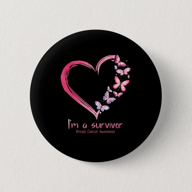 Butterfly Heart I'm A Survivor Breast Cancer Aware Button (Front)