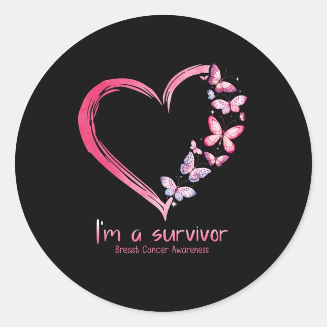 Butterfly Heart I'm A Survivor Breast Cancer Aware Classic Round Sticker (Front)