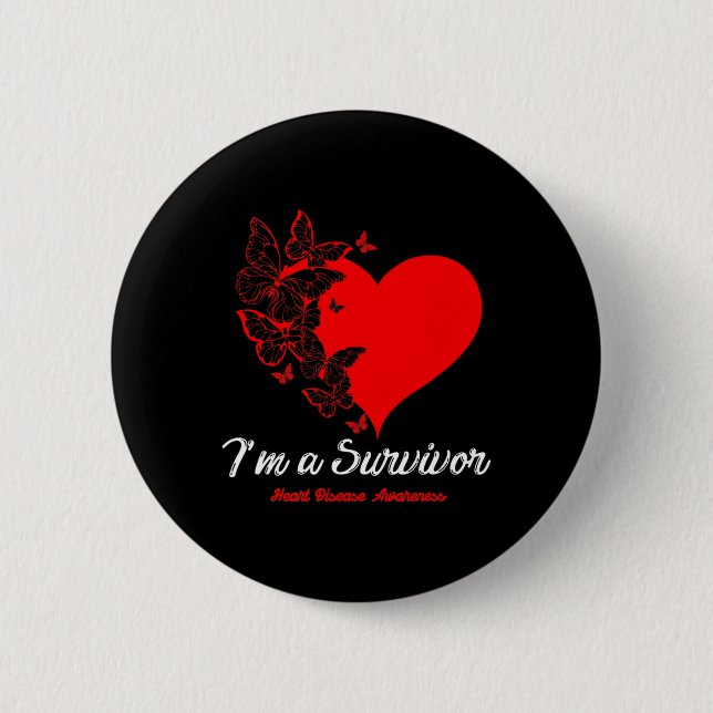 Butterfly Heart I'm A Survivor Heart Disease Aware Button (Front)