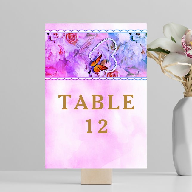 Butterfly Heart Pearls Floral Pink Rose Wedding Table Number (Butterfly Heart Pearls Floral Pink Rose Wedding Table Number)