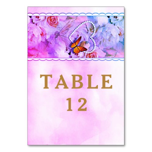 Butterfly Heart Pearls Floral Pink Rose Wedding Table Number