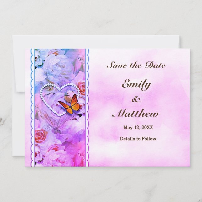 Butterfly Heart Pearls Floral Serenity Pink Roses Save The Date (Front)