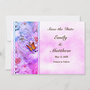 Butterfly Heart Pearls Floral Serenity Pink Roses Save The Date
