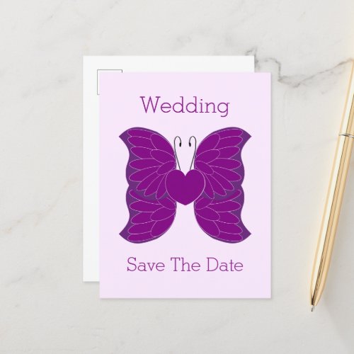 Butterfly Heart Purple Coloured Wedding Announcement Postcard