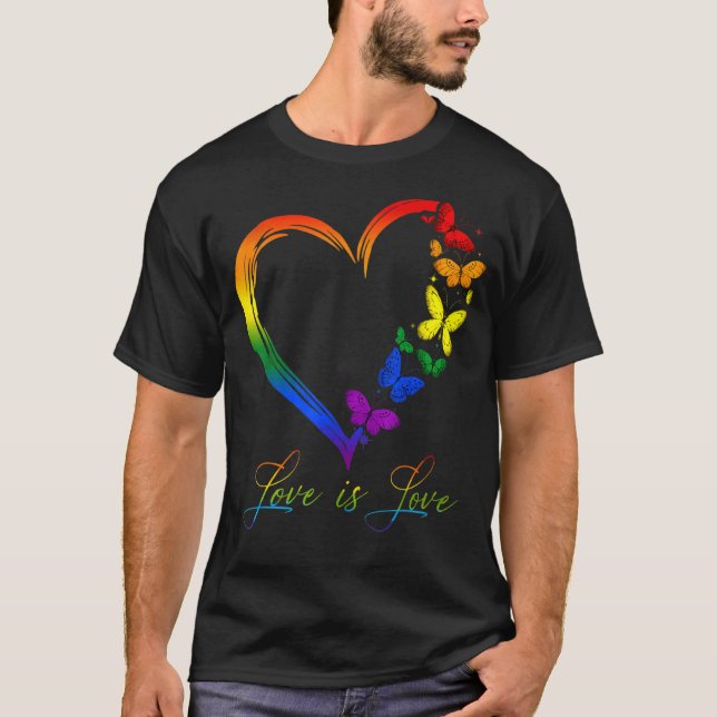 Butterfly Heart Rainbow Love Is Love LGBT Gay Lesb T-Shirt (Front)
