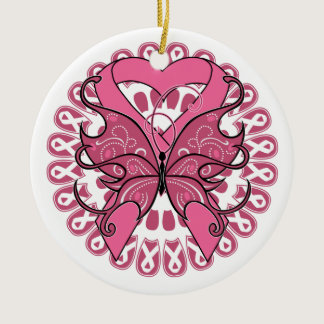 Butterfly Heart Ribbon - Breast Cancer Ceramic Ornament