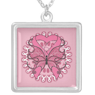 Butterfly Heart Ribbon - Breast Cancer Silver Plated Necklace