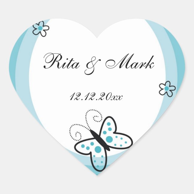 Butterfly Heart Wedding Favor Sticker::Blue Sticker (Front)