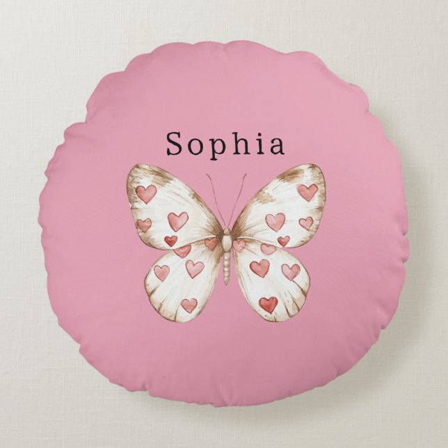 Butterfly Hearts Personalized Name Round Pillow (Front)