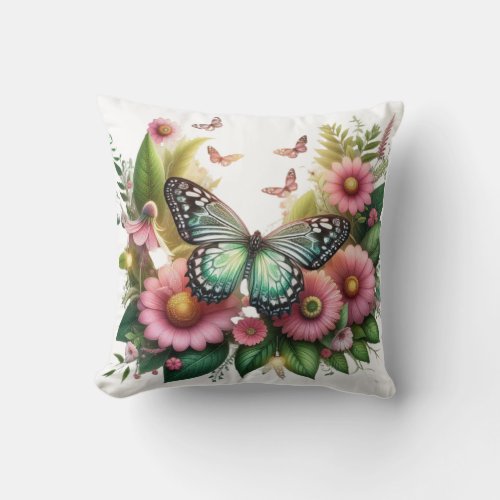 Butterfly holding pink flower throw pillow