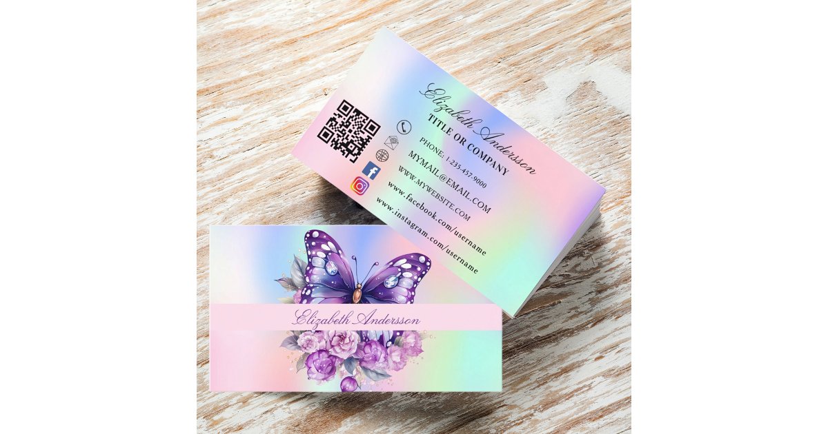 Butterfly holographic purple QR code social media Business Card | Zazzle