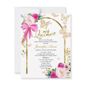 Butterfly Hot Pink Bow Floral Spanish Quinceanera Invitation