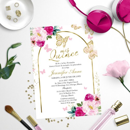 Butterfly Hot Pink Floral Spanish Quinceanera Invitation